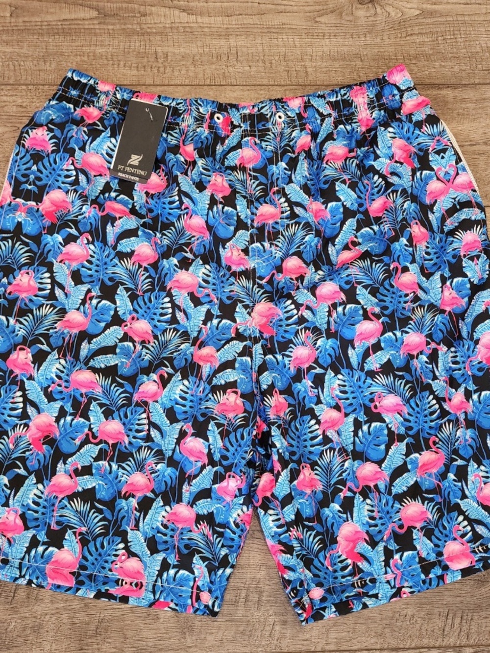 NWT FT Fenteng Beach Pants Swim Trunks Blue With Pink Flamingo Size XL